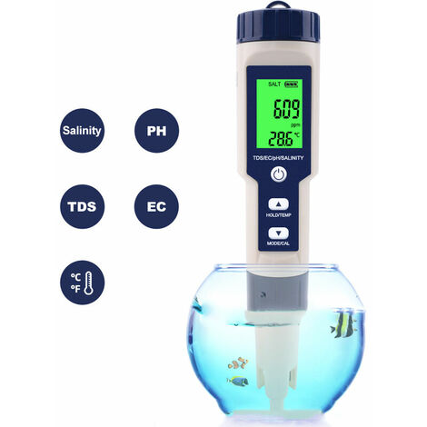 5 en 1 TDS/PH/EC pH-mètre/testeur de température et de salinité Kit de test d'eau potable, testeur de pH numérique étanche IP67 avec fonction de maintien des données pour aquarium, piscine, eau de mer