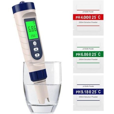 5-en-1pH Metre,PH,TDS, EC,Salinité,Thermomètre,Testeur pH Piscine avec Écran LCD Rétroéclairé et Compensation de la Température