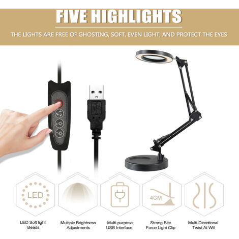 5-fach vergrößernde Schreibtischlampe, LED-Licht, faltbare Leselampe mit drei Dimmstufen, USB-Stromversorgung.