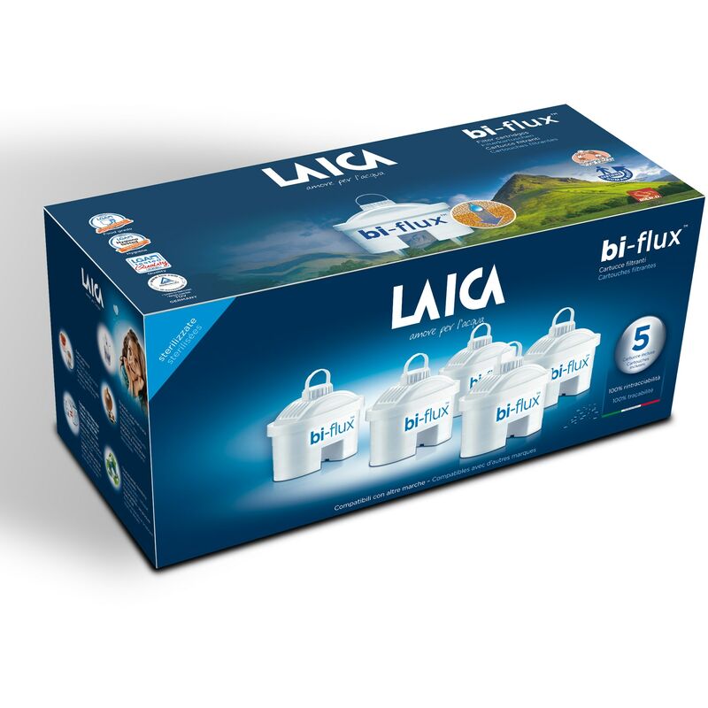 

5 filtros bi-flux: mejoran el sabor del agua, reducen la cal y el cloro, compatibles con las jarras Laica y Brita entre otras. Cada filtro dura 150
