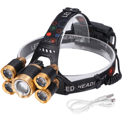 5-flammige LED-Stirnlampe, USB-aufladbar, drehbar und verstellbar für Wanderungen