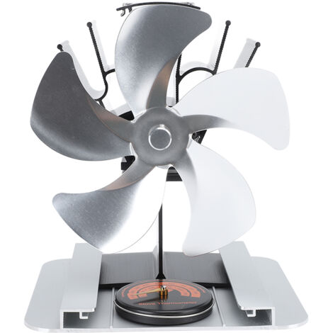 5-flügeliger Ofenventilator aus Aluminiumlegierung mit integriertem Thermometer für Holz- oder Petroleumöfen, silberfarben