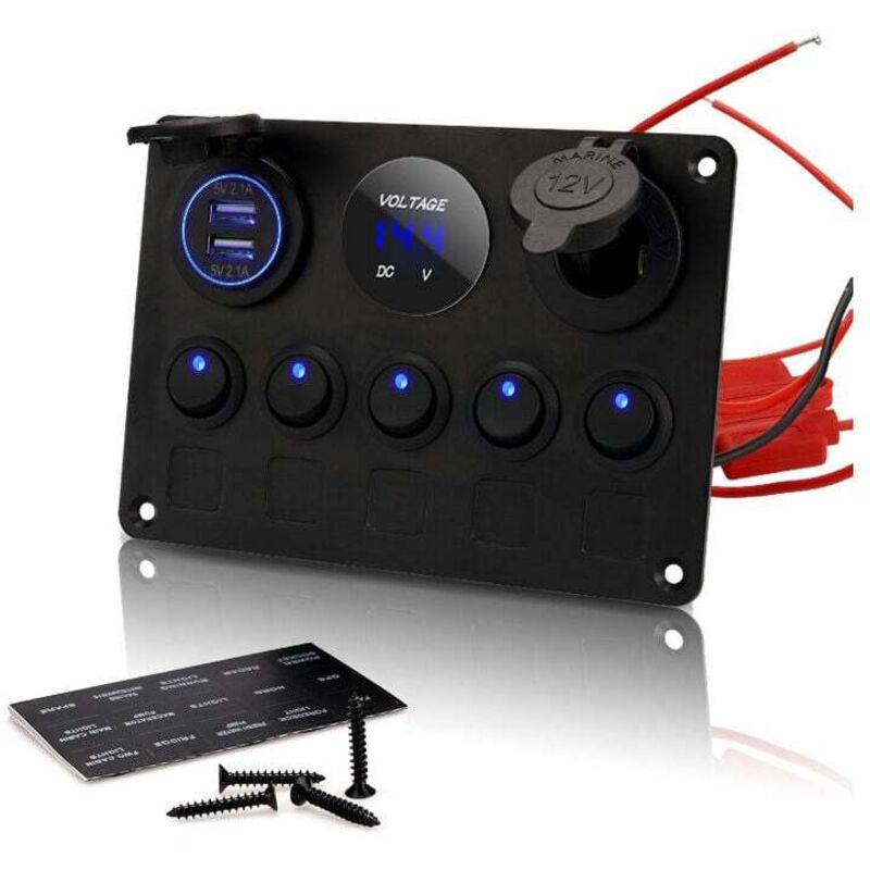 5 Gang Panneau de Commutateur à Bascule Interrupteur à Bascule Panneau Tableau Electrique Bateau Voiture Etanche Double USB DC 12V/24V LED Camion