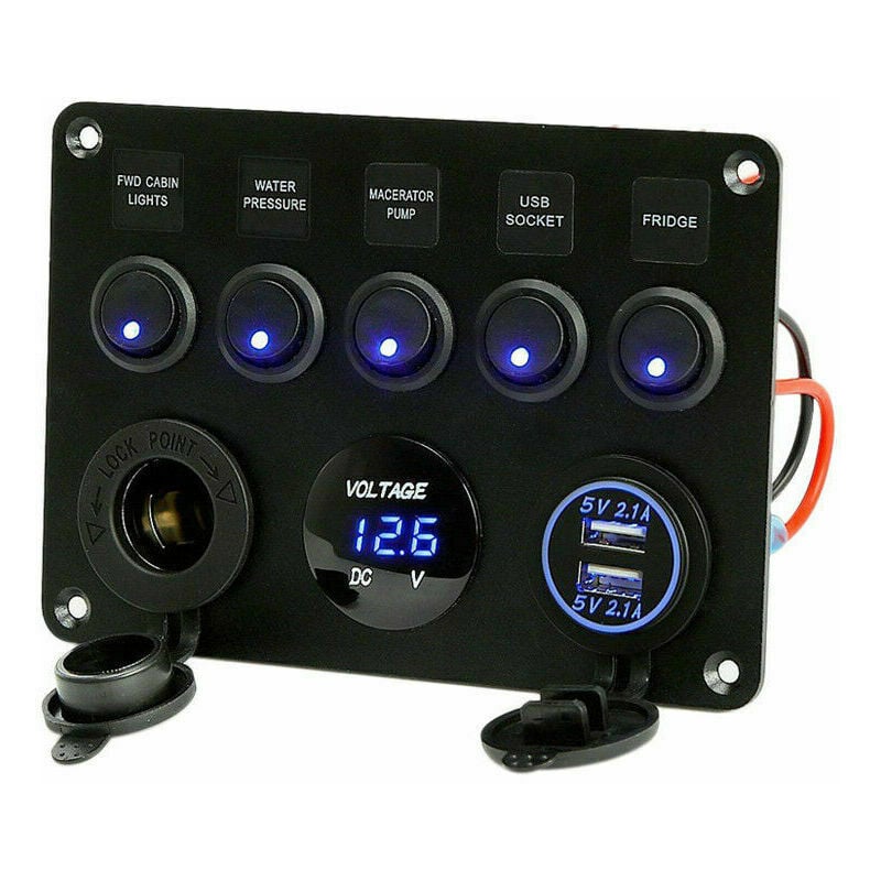 5 Gang Toggle Switch Panel, Dual USB Socket Charger 12V Power Outlet LED Voltmeter for Car Boat Marine RV Truck Camper Vehicles (blue) panneau de