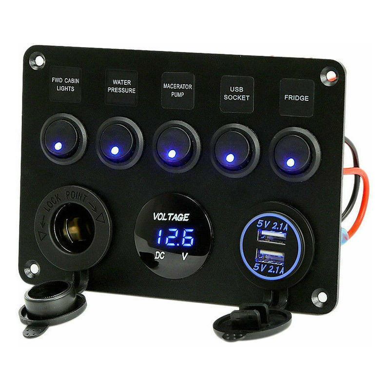 5 Gang Toggle Switch Panel, Dual USB Socket Charger 12V Power Outlet LED Voltmeter for Car Boat Marine RV Truck Camper Vehicles (blue)-