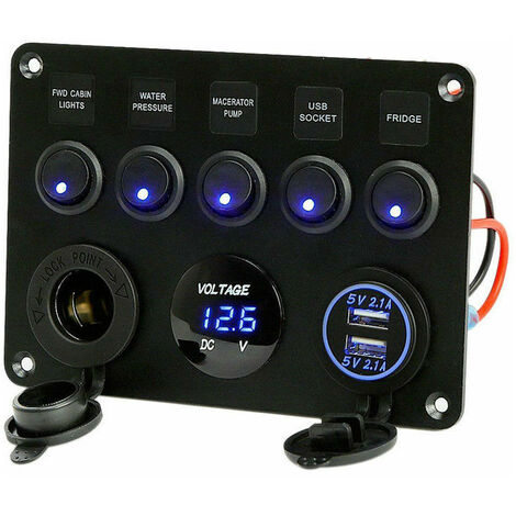 5 Gang Toggle Switch Panel, Dual USB Socket Charger 12V Power Outlet LED Voltmeter for Car Boat Marine RV Truck Camper Vehicles (blue)-