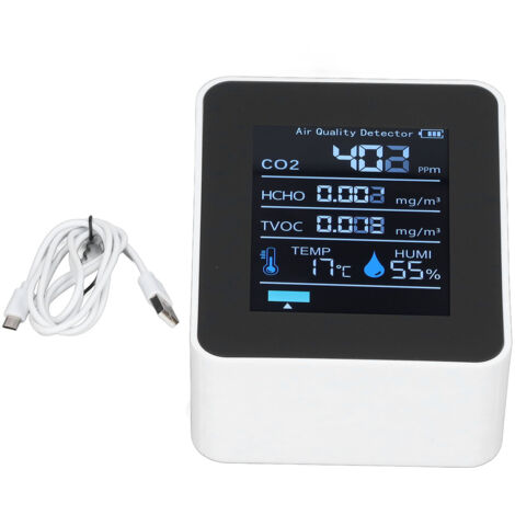 5-in-1 Bluetooth-Luftqualitätsmonitor, CO2-Detektor, TVOC-Messung, Temperatur, Luftfeuchtigkeit, HCHO, USB-Ladefunktion