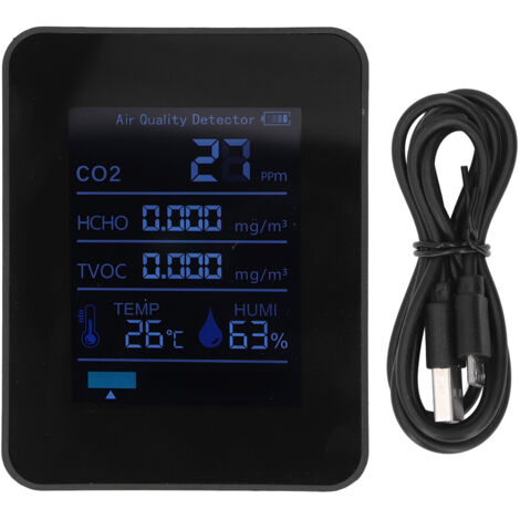 5-in-1 CO₂-Detektor mit Thermometer und Hygrometer – ABS, 1500 mAh, für Zuhause und Büro, Schwarz