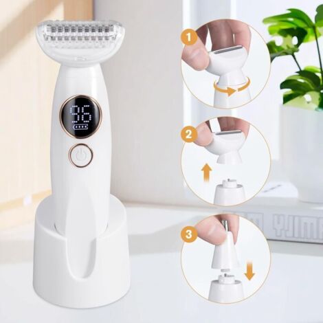 5-in-1 Electric Shaver for Women, Intimate Trimmer, IPX7 Waterproof Bikini Trimmer with USB Charging Station for Face, Body, Eyebrows, Bikini Line
