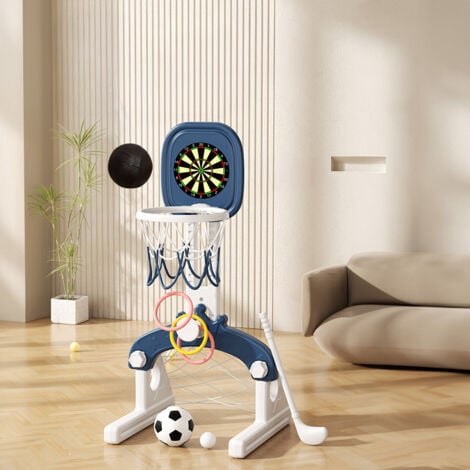 LIVINGANDHOME 5-in-1 Kids Basketball Hoop with Basketball, Football, Golf, Ring Toss and Dartboard Playset