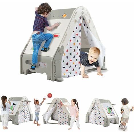 DREAMADE 5 in 1 Kinder Spielhaus mit Kletterwand und Tafel, Kletterdreieck Spielzelt für Kinder mit Basketballkorb Fussballtor Ringspiel, multifunktionales Kletterspielset für drinnen und draussen