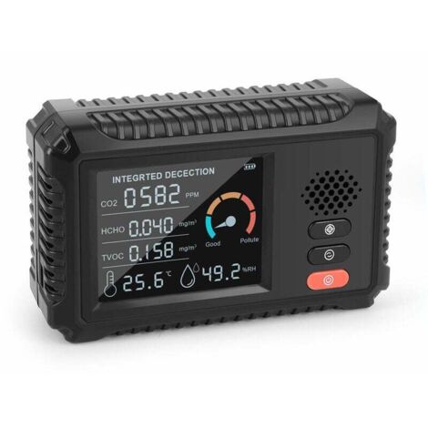 5-in-1-Multifunktions-Luftqualitätsdetektor, LCD-Großbildschirm, Kohlendioxid, CO, CO2, TVOC, Temperatur- und Feuchtigkeitsdetektor, Home-Office-Schreibtisch, Auto, Innenluftqualitätsmonitor (schwarz)