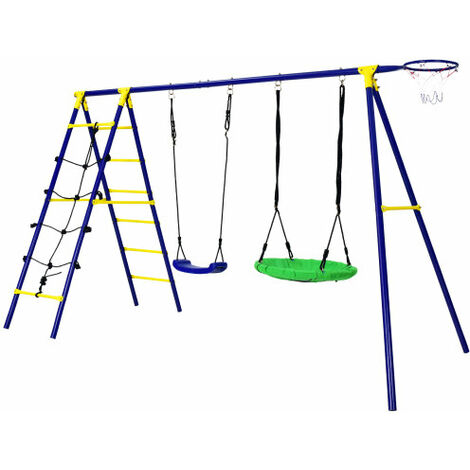 5-In-1 Outdoor Kids Swing Set Climbing Ladder Games W/ Basketball Hoop