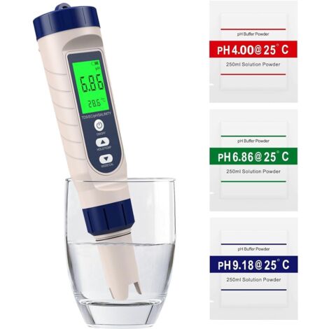 5-in-1 pH Meter, PH, TDS, EC, Salinity, Thermometer, Pool pH Tester with Backlit LCD Display and Temperature Compensation