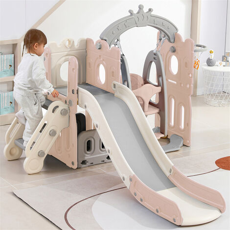 FORTUNA LAI 5-in-1-Rutsche für Kinder - Kletterspielzeug Rutsche, Klettern, Stauraum, Schaukel, Basketballrahmen Aus HDPE Pink