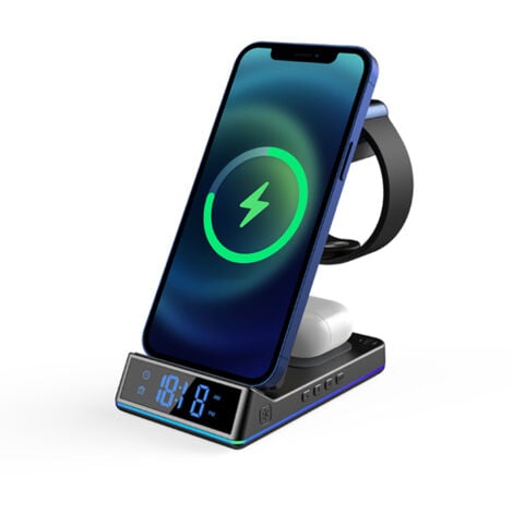5 in 1 Wireless Charger with Clock Night Light 15W Induction Charger for iPhone 16/15/14/13/12/Pro/Max/Plus, iWatch 8/7/6/SE/5/4/2, Airpods 2/3/pro