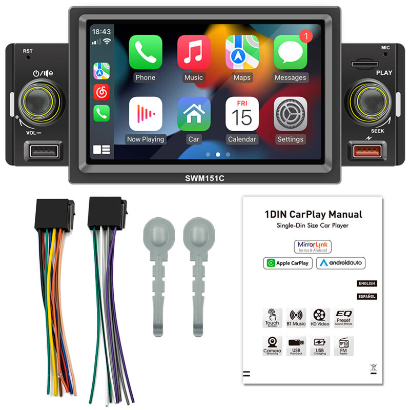 Lifcausal - Autoradio 5 pouces MP5 Lecteur radio fm simple din bt avec Carplay Android Auto Prise en charge des appels mains libres Charge/lecture