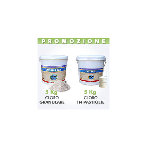 5 Kg di cloro granulare in polvere + 5 Kg di cloro in pastiglie