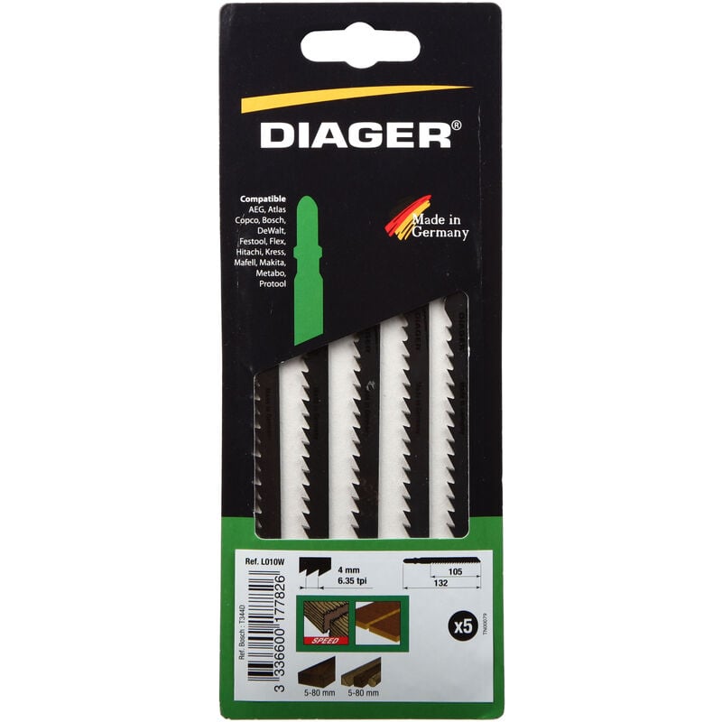 Pack de 5 lames scie sauteuse spéciale débitage 5-50mm - L010W Long. Utile 155 Long. Totale 180