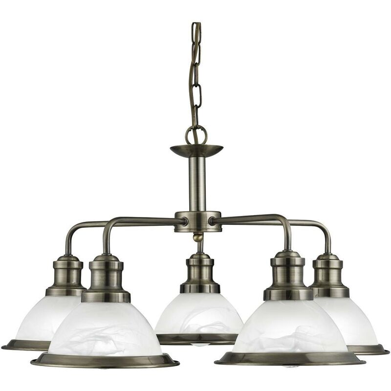 Bistro - 5 Light Multi Arm Ceiling Pendant Antique Brass, Acid Glass, E27 - Searchlight