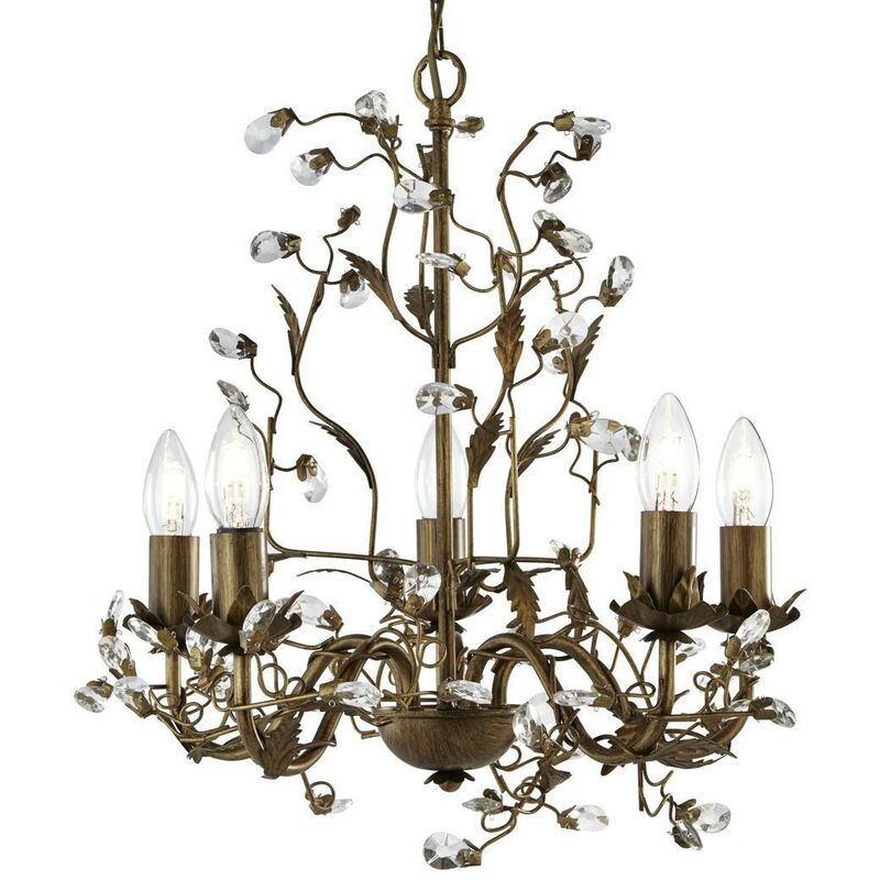 Almandite - 5 Light Multi Arm Ceiling Pendant Floral Leaves Brown gold with Crystals, E14 - Searchlight