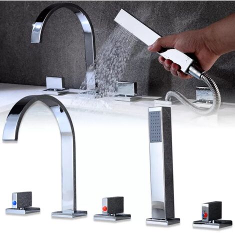 5 Loch Badewannenarmatur, Wannenarmatur armatur Badewanne Wasserfall Badewanne Duschset mit Handbrause Brausegarnitur, Bad Dusche Badezimmer Armatur, Verchromt