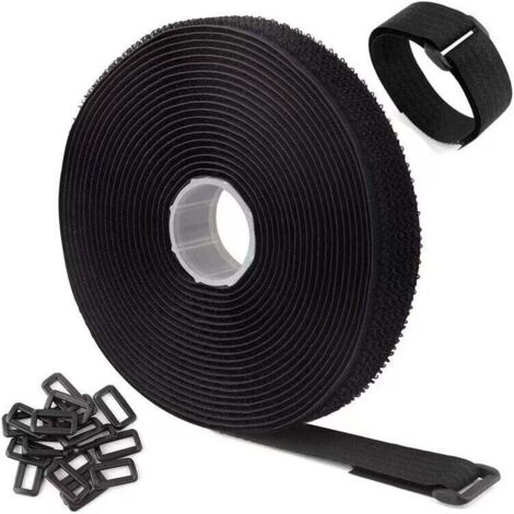 5 m x 5 cm verstellbare Kabelbinder mit 25 Schlaufen, schwarz, wiederverwendbar, mit Haken und Schlaufen für Kabelmanagement, schwarz