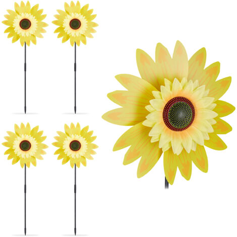 5 Molinos Viento Flor, Estaca Girasol Decorativa, para Jardín, Balcón y Terraza, Molinete Plantas 70 cm, Amarillo