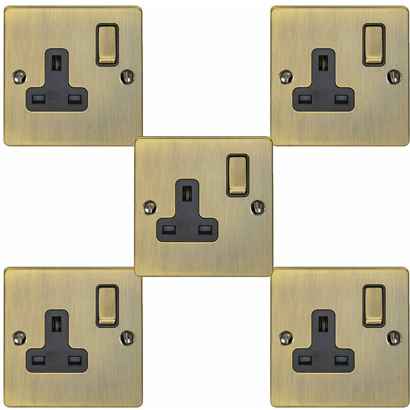 Loops - 5 pack 1 Gang Single uk Plug Socket antique brass 13A Switched Power Outlet