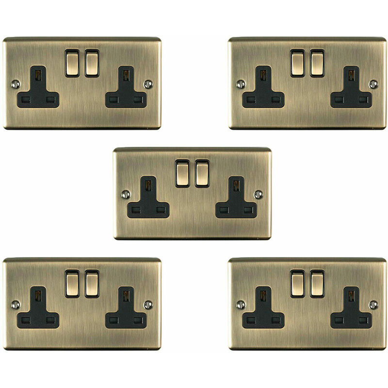 5 pack 2 Gang Double uk Plug Socket antique brass 13A Switched Power Outlet