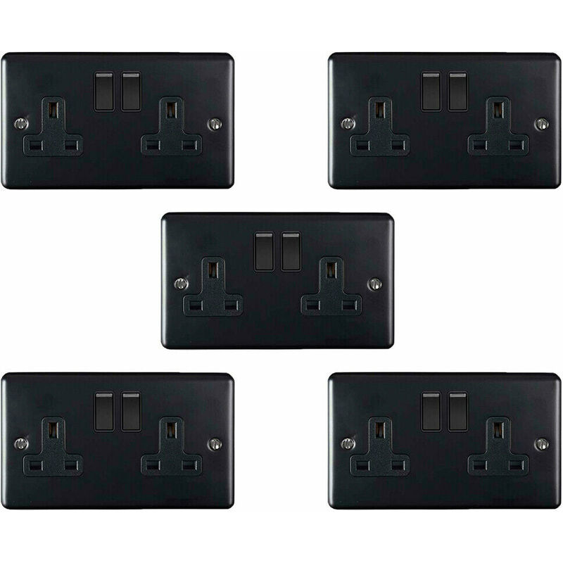 5 pack 2 Gang Double uk Plug Socket matt black 13A Switched Power Outlet