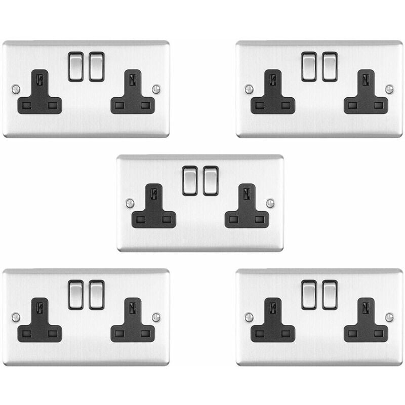 5 pack 2 Gang Double uk Plug Socket satin steel & Black 13A Switched Outlet