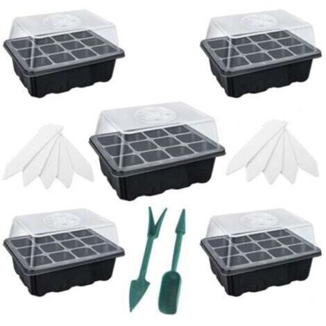 5 Pack Bac à Semis Noir Mini Plateau Semence Serre Potager pour Semis 12 Trous avec Outils de Plantation et Étiquettes de Plantes