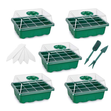 5 Pack Bac à Semis Vert Mini Plateau Semence Serre Potager pour Semis 12 Trous avec Outils de Plantation et Étiquettes de Plantes