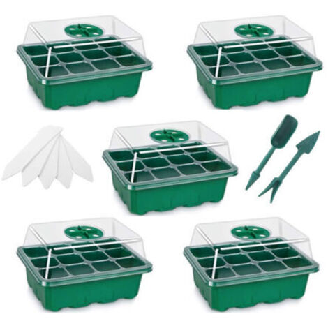 5 Pack Bac à Semis Vert Mini Plateau Semence Serre Potager pour Semis 12 Trous avec Outils de Plantation et Étiquettes de Plantes