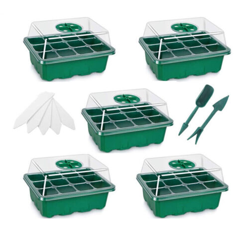 5 Pack Bac à Semis Vert Mini Plateau Semence Serre Potager pour Semis 12 Trous avec Outils de Plantation et Étiquettes de Plantes