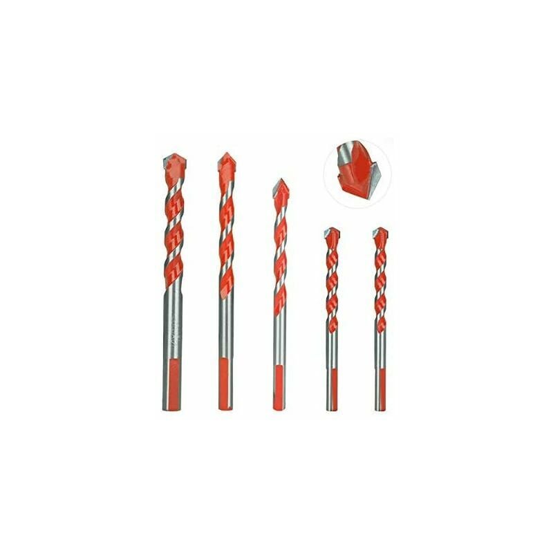 Hoopzi - 5-Pack Multifunctional Carbide Tip Masonry Drill Bits for Tile, Concrete, Brick, Glass and Wood (6mm, 8mm, 10mm, 12mm) - Red