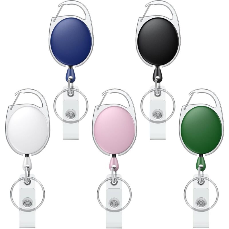 5 Pack Porte Clé Rétractable Robuste pour Porte Badge Enrouleur Boîtier ABS Coloré avec Bobine de Ressort Acier Inoxydable Mousqueton en Corde de
