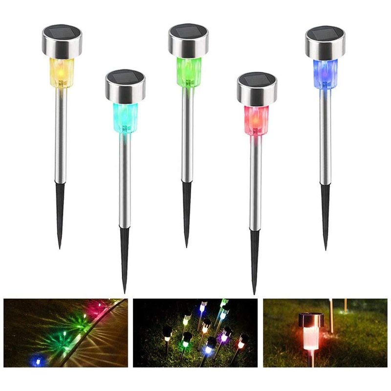 Langray - 5-Pack Solar Landscape Lights, Solar Power 7 Color Changing LED Garden Stake Lights Lawn Stainless Steel Spot Path Pathway Lamp for Outdoor
