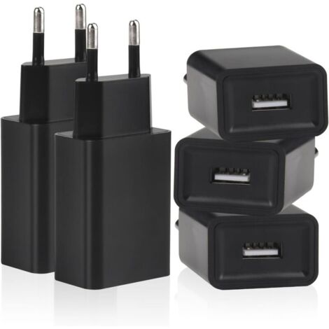 5 Pack USB Chargeur 5V/1A Prise 5W Chargeur USB Adaptateur Secteur Compatible Téléphone Portable Lecteur ebook Écouteurs Lampe Table Routeur Ventilateur de Poche (Noir)