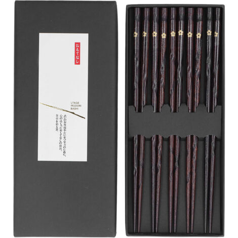 5 Pair Japanese Style Wooden Chopsticks Golden Printed Flowers Reusable Traditional Stylish Gift for Family Friends