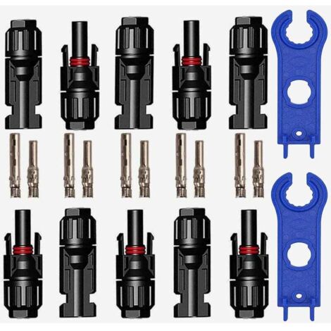 5 Paires Connecteur PV, Connecteur Solaire Photovoltaïque AVCE Clés Hexagonales, Connecteurs Electriques Solaire Etanche Mâle + Femelle pour Panneaux Solaires Cable Accessoires, Noir