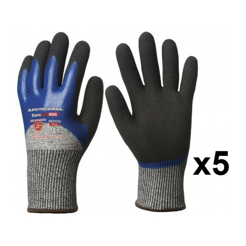 5 paires de gants anticoupure hppe double enduction 3/4 nitrile N505 EuroCut - Taille: 8
