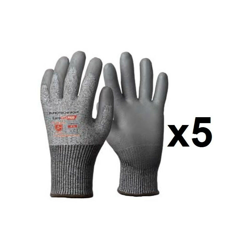 5 paires de gants anticoupures hppe enduction polyuréthane P500 Eurotechnique Taille: 11