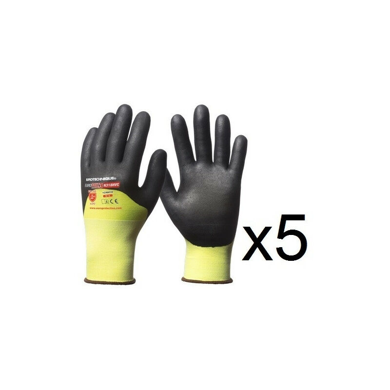 5 paires de gants hppe enduction 3/4 nitrile haute visibilité N318HVC EuroCut - Taille: 10