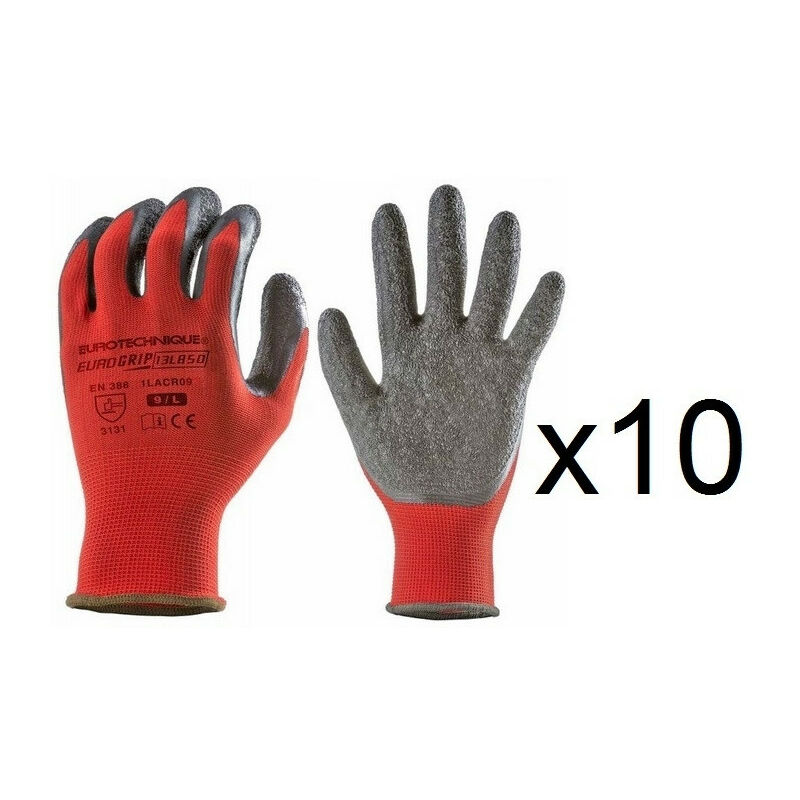 10 paires de gants textile enduction latex 13L850 EuroGrip - Taille: 9