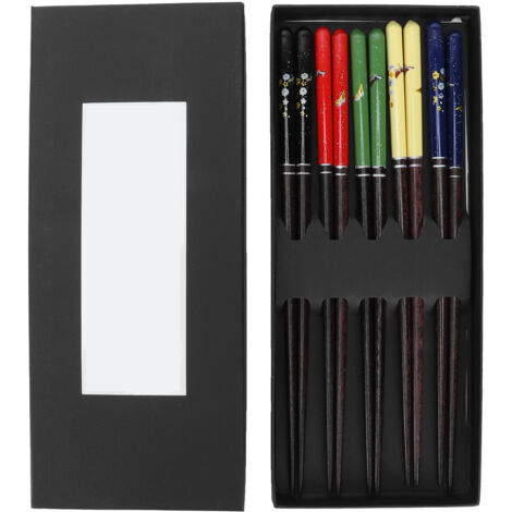 5 Pairs Wood Chopsticks Set Beautiful Printing Tableware Pointed Head Sushi Chopsticks for Home
