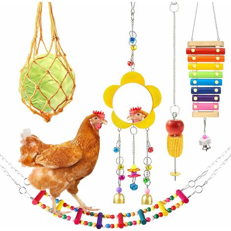 5 paquets de jouets pour poulets, échelles pour poulets, jouets à bascule et mangeoire suspendue pour légumes.