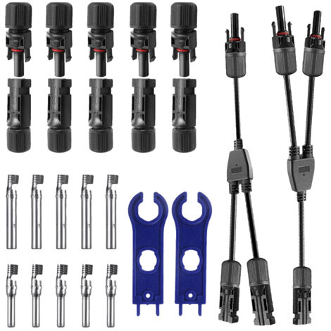 5 pares de conectores macho/hembra para cables de paneles solares, conector en Y de 1 o 2 derivaciones, herramienta de montaje y llave incluidas, resistente al agua con clasificación IP67.
