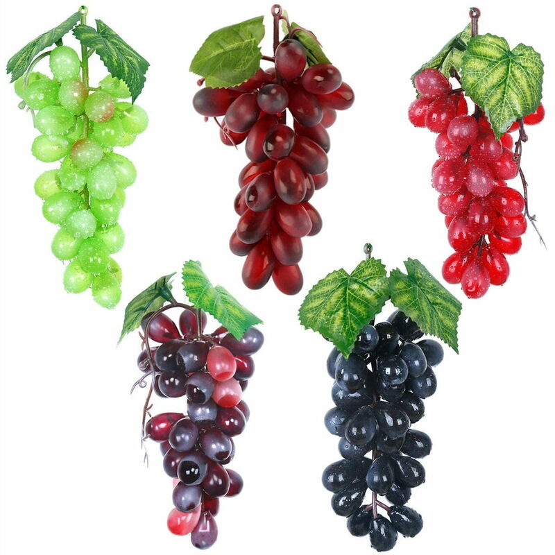 5 Pcs Artificielle Raisins Faux Fruits, Faux Raisins Réalistes Grappes Décor En Plastique Raisins et Vignes, Grappes De Raisin En Caoutchouc